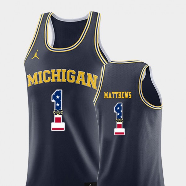 Michigan #1 Men's Charles Matthews Jersey Navy College Basketball USA Flag Embroidery